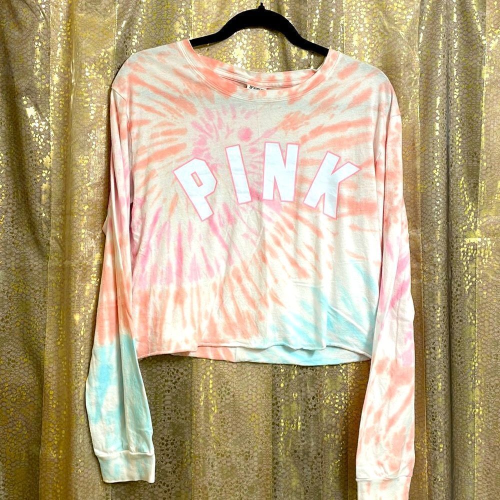 PINK Victorias Secret long sleeve tie dye pink/orange/blue logo cropped shirt, S